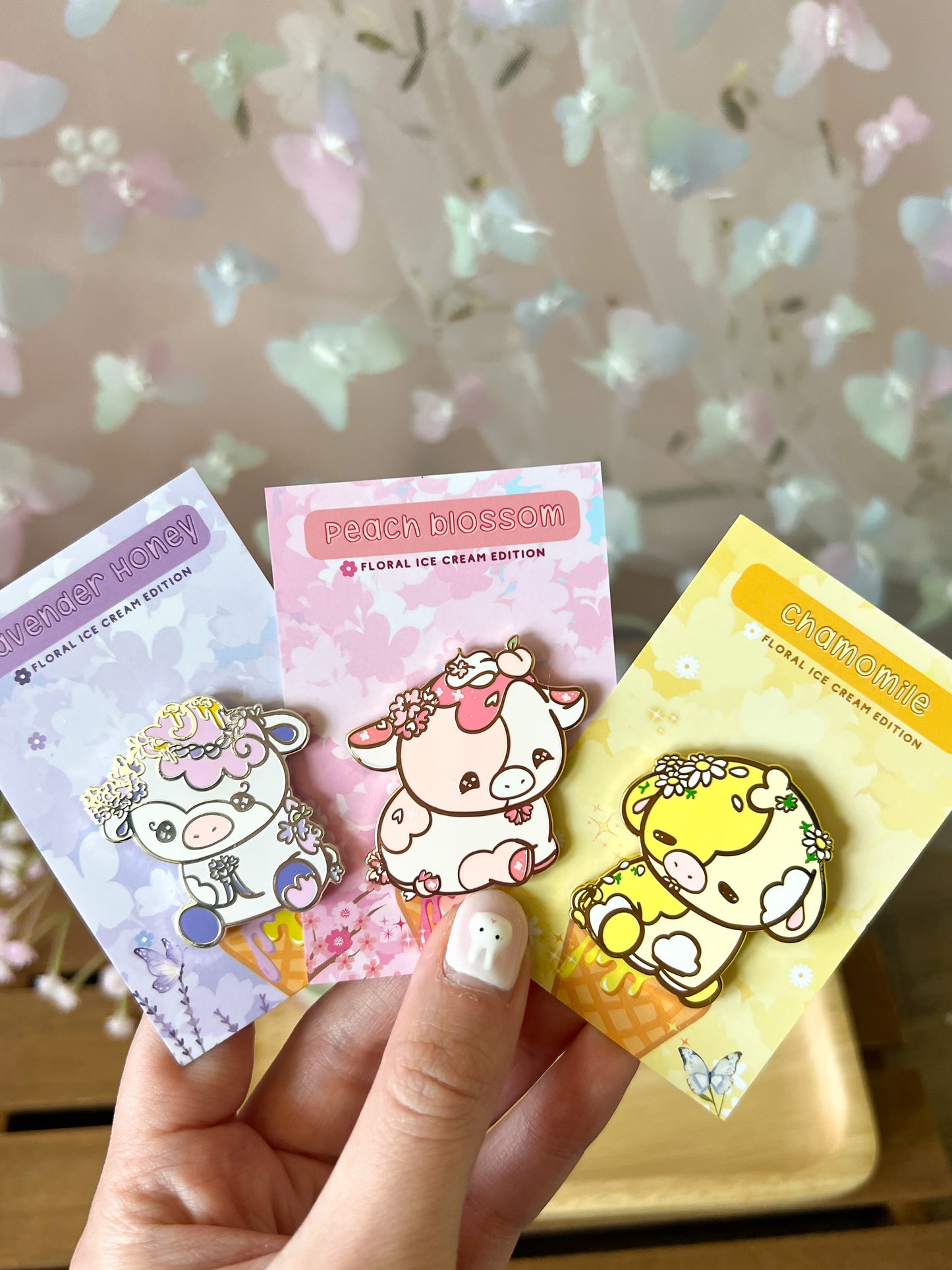 Floral Ice Cream Cows Enamel Pin Collection