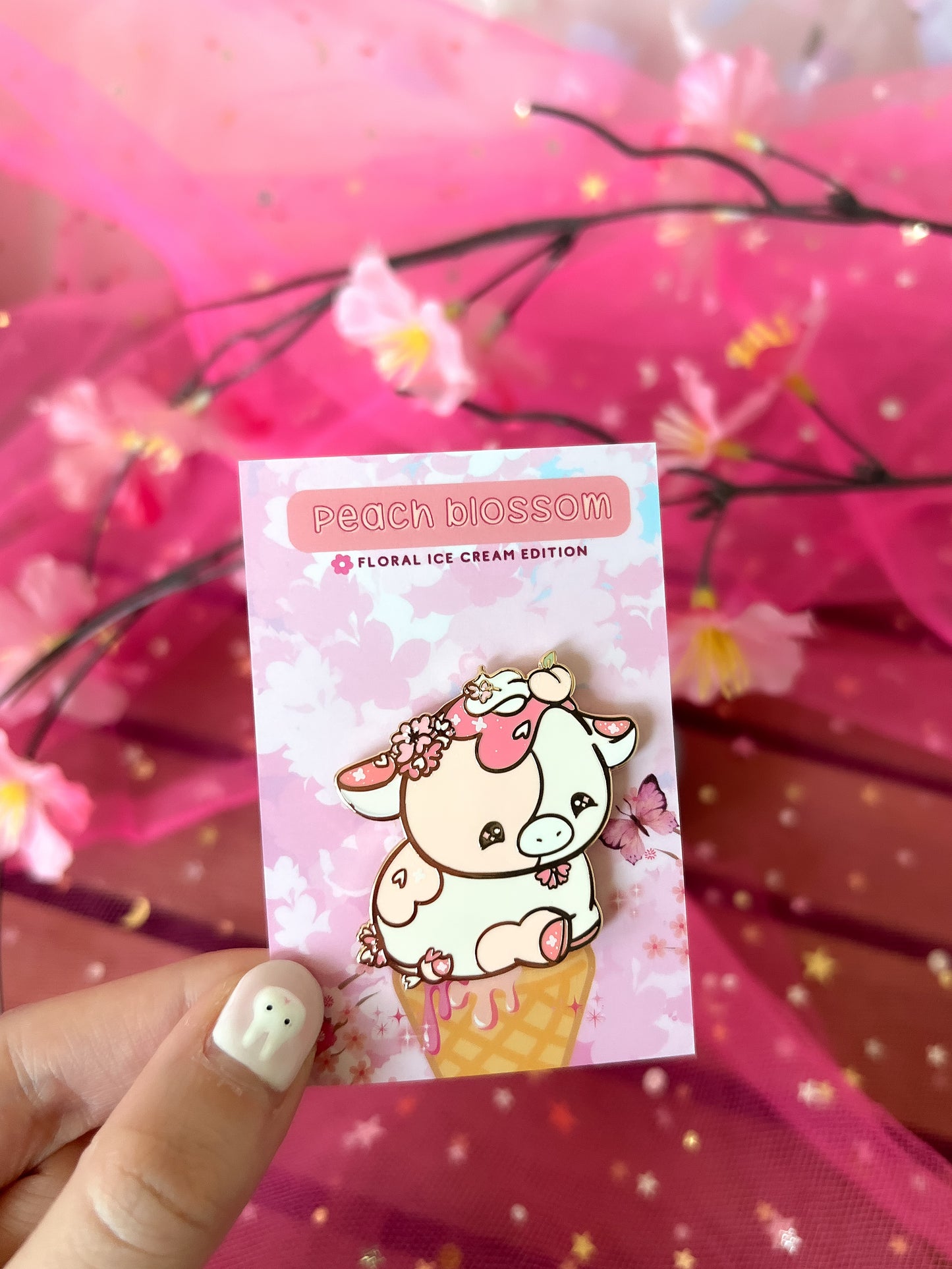 Peach Blossom Ice Cream Cow Enamel Pin