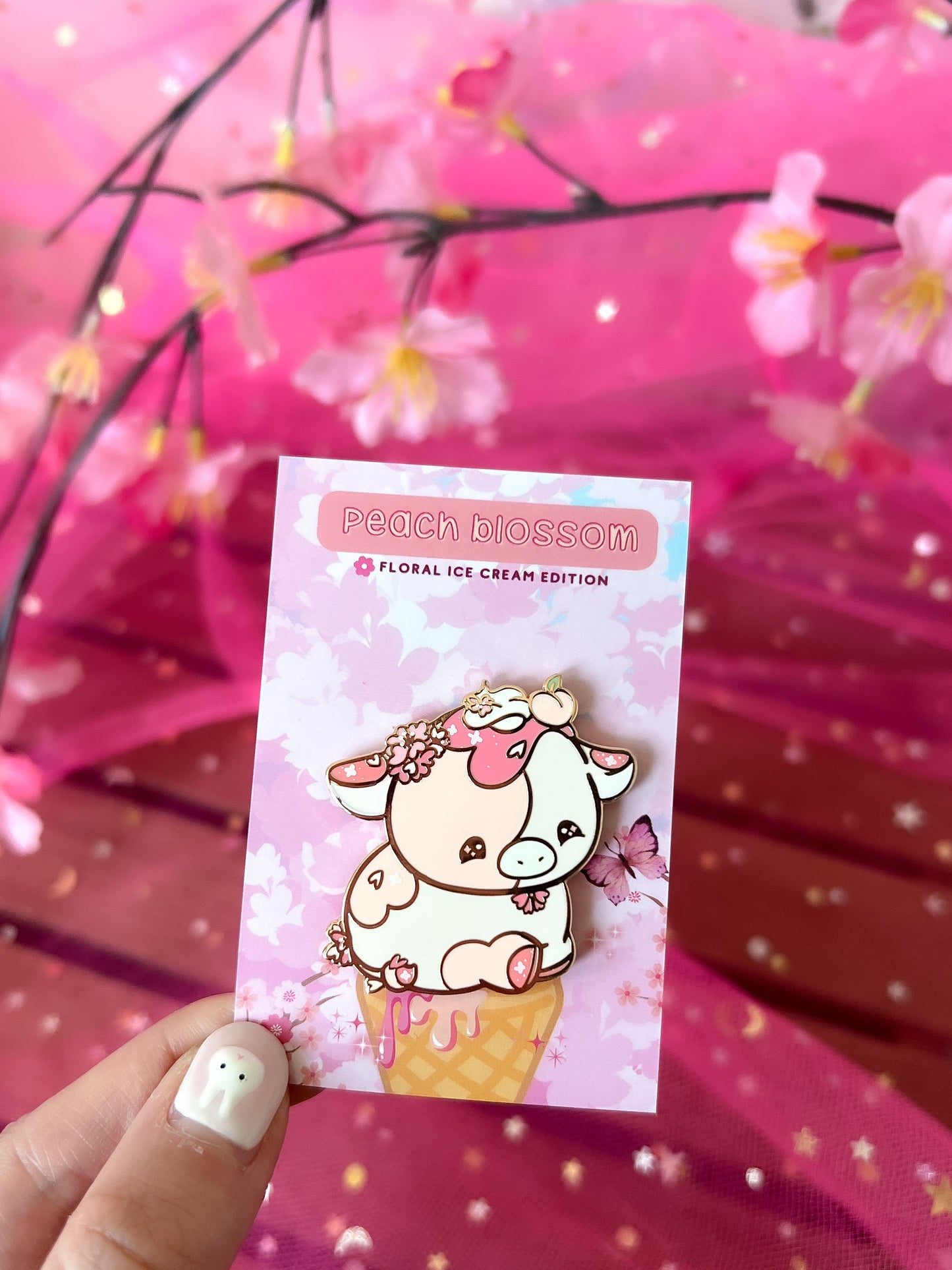 Peach Blossom Ice Cream Cow Enamel Pin