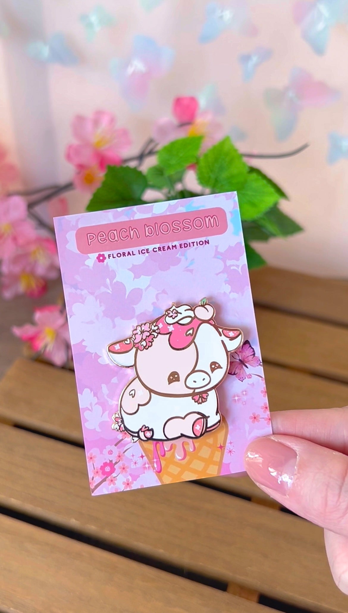 Peach Blossom Ice Cream Cow Enamel Pin