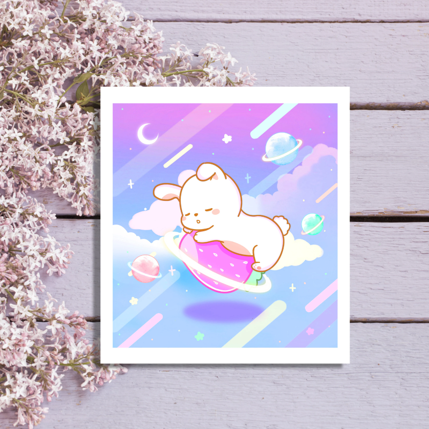 Bunny Strawberry Moon Mini Art Print