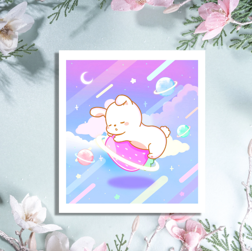 Bunny Strawberry Moon Mini Art Print