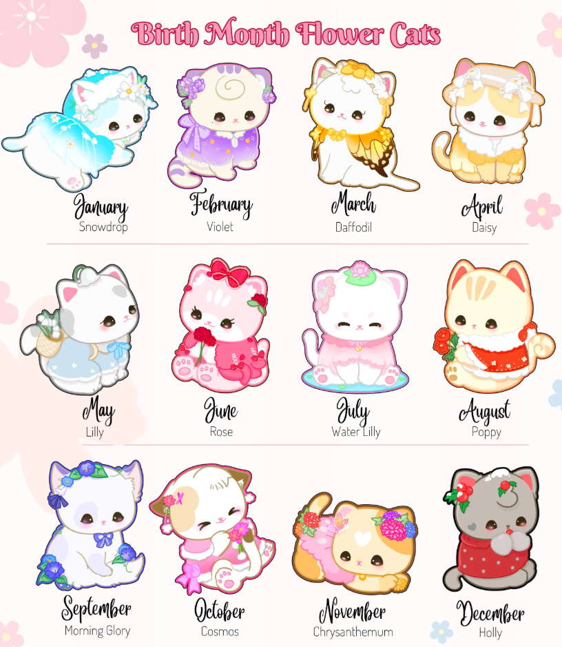 12 Birth Month Flower Cats Acrylic Keychain