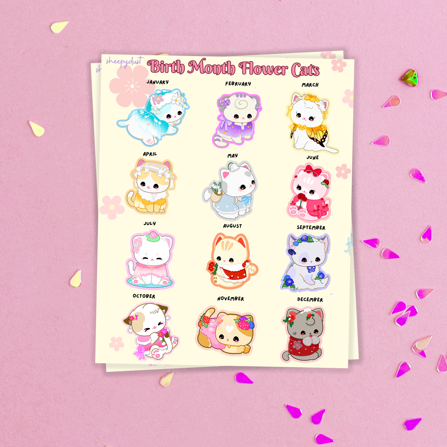 Birth Month Flower Cats Sticker Sheet