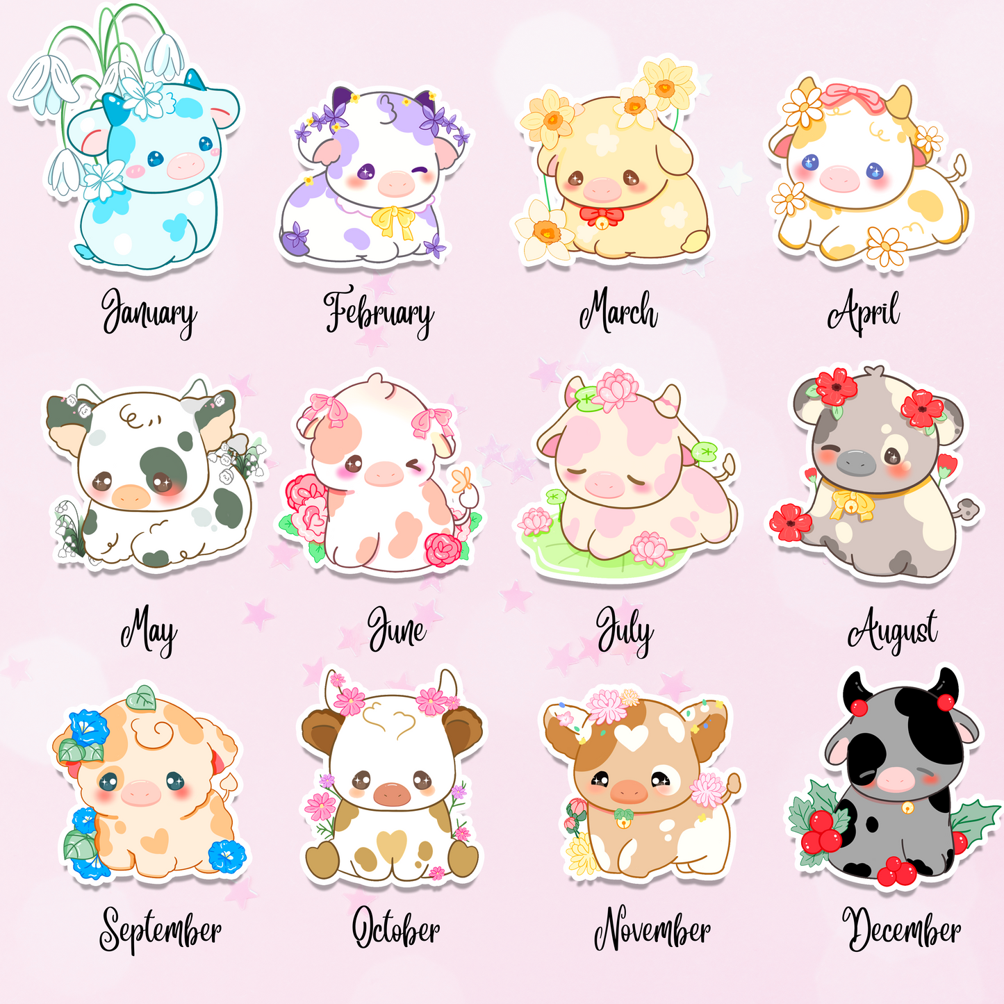Birth Month Flower Cow Vinyl Stickers