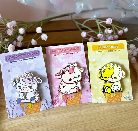 Floral Ice Cream Cows Enamel Pin Collection