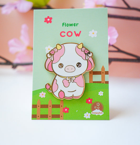 Pink Flower Cow Enamel Pin