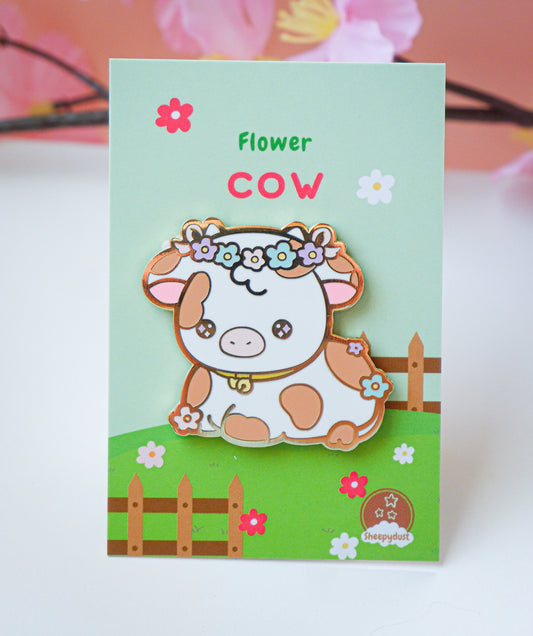 Brown Flower Cow Enamel Pin