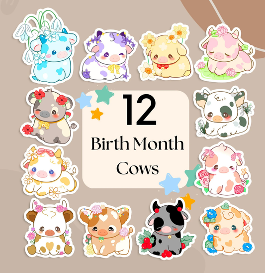 Birth Month Flower Cow Vinyl Stickers