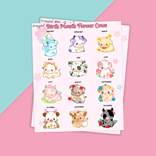 Birth Month Flower Cows Sticker Sheet